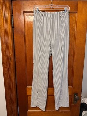 Vertical Stripe Wide-Leg Pants — White & Dark Grey